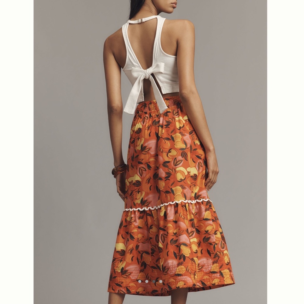 🍊FARM Rio Tiered Midi Skirt Flare Hem New XL Printed Orange Fruit Anthropologie - Picture 3 of 15
